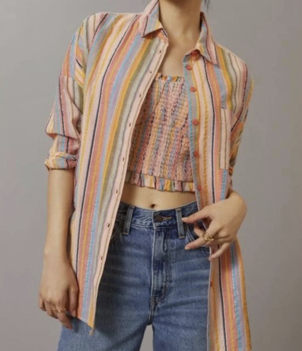 Anthropologie Pilcro Metallic Striped Boyfriend Shirt